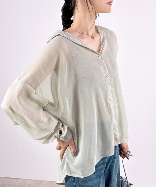 CLOTHY(クロシィ)の「【コーディネートのアクセントに!】カラーシアーシャツ(シャツ/ブラウス・レディース・オフホワイト/ミント/レッド/ブラック/ベージュ・MEDIUM)」の8枚目の写真