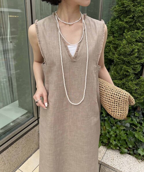 Jena espace merveilleux（ジェナ　エスパスメルヴェイユ）の「【全骨格着痩せ／リネン素材で涼しい】リネンフリンジジャンスカ（ワンピース・レディース・オレンジ/ベージュ/ブラック・FREE）」の4枚目の写真
