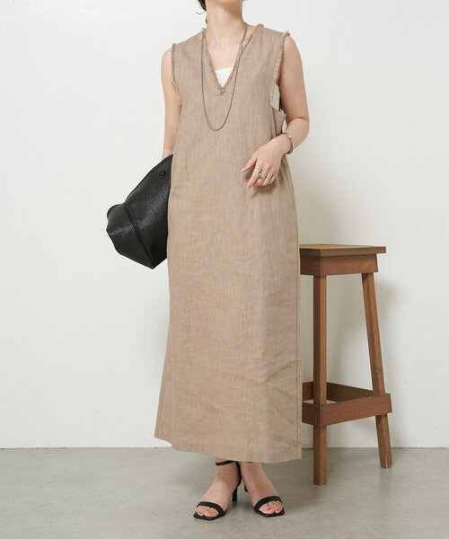 Jena espace merveilleux（ジェナ　エスパスメルヴェイユ）の「【全骨格着痩せ／リネン素材で涼しい】リネンフリンジジャンスカ（ワンピース・レディース・オレンジ/ベージュ/ブラック・FREE）」の6枚目の写真