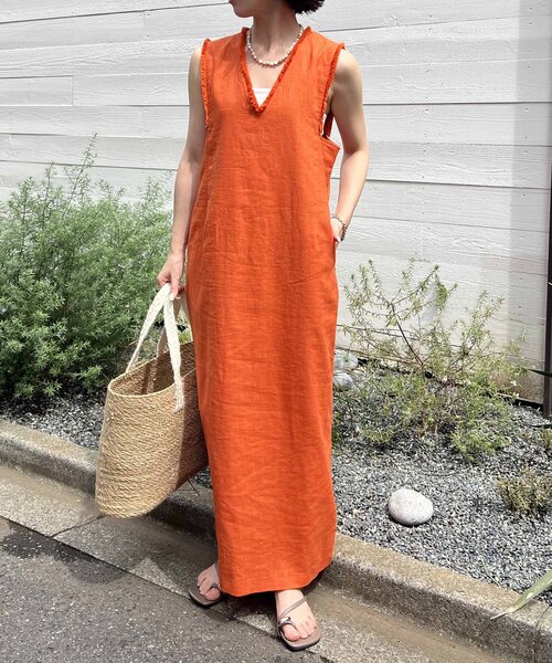 Jena espace merveilleux（ジェナ　エスパスメルヴェイユ）の「【全骨格着痩せ／リネン素材で涼しい】リネンフリンジジャンスカ（ワンピース・レディース・オレンジ/ベージュ/ブラック・FREE）」の9枚目の写真