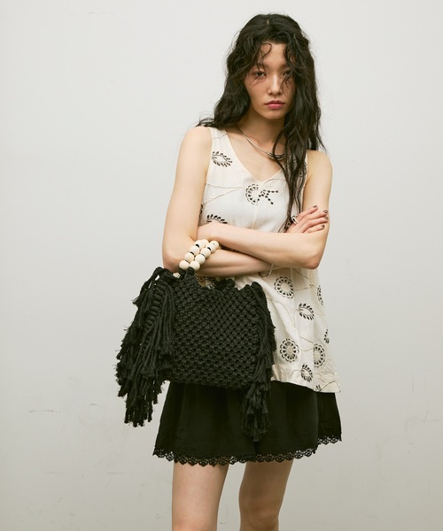 Wooden beaded handle macrame bag/ウッドビーズハンドル マクラメ