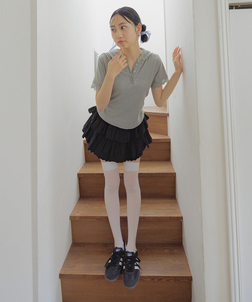 3.3 Field Trip （3.3フィールドトリップ）の「3.3 Field Trip／レースフード半袖パーカー（Tシャツ/カットソー・レディース・ブラック/ホワイト/グレー・FREE）」の7枚目の写真