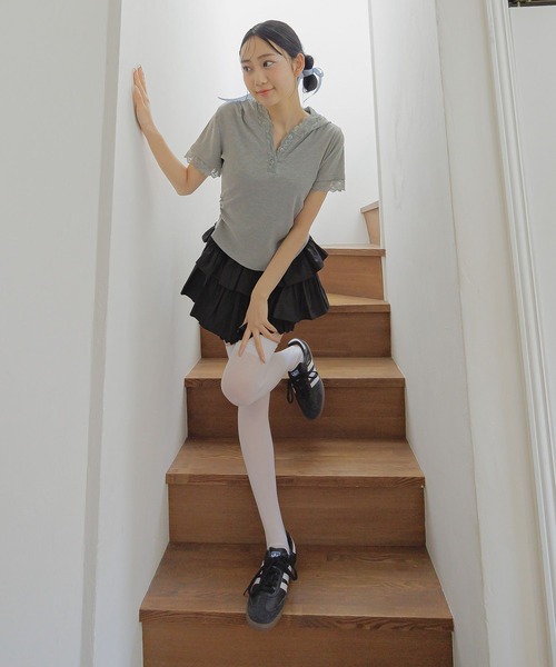 3.3 Field Trip （3.3フィールドトリップ）の「3.3 Field Trip／レースフード半袖パーカー（Tシャツ/カットソー・レディース・ブラック/ホワイト/グレー・FREE）」の6枚目の写真