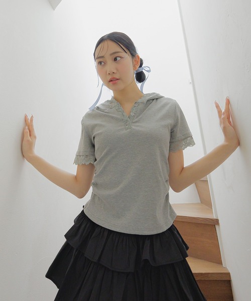 3.3 Field Trip （3.3フィールドトリップ）の「3.3 Field Trip／レースフード半袖パーカー（Tシャツ/カットソー・レディース・ブラック/ホワイト/グレー・FREE）」の5枚目の写真