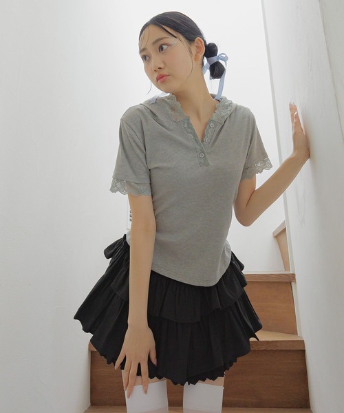 3.3 Field Trip （3.3フィールドトリップ）の「3.3 Field Trip／レースフード半袖パーカー（Tシャツ/カットソー・レディース・ブラック/ホワイト/グレー・FREE）」の4枚目の写真