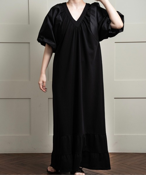 lawgy(ラウジー)の「different materials v neck tiered op / ディファレントマテリアルズvネックティアードワンピ(ワンピース・レディース・ブラック/グレー/ホワイト・FREE)」の3枚目の写真