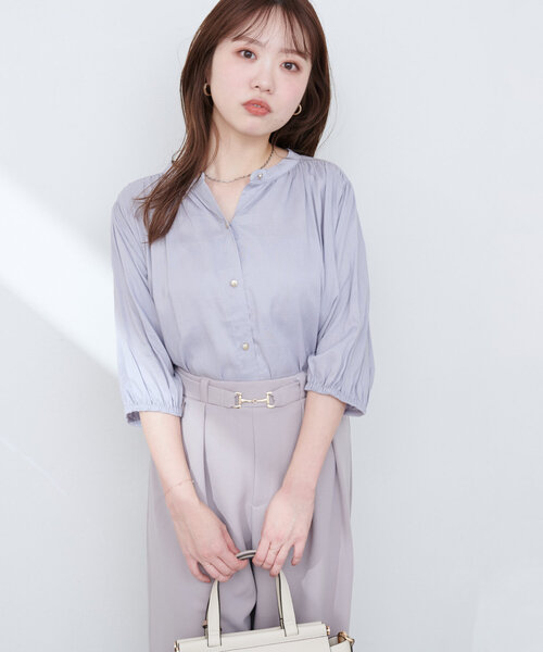 pas de calais 綿麻シルク混　ギャザー長袖ブラウス　日本製 tb-2503-02_1.jpg