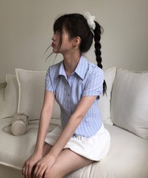 スリムクロップドカフス半袖ストライプシャツ