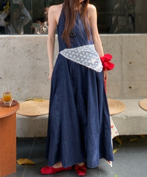 袖なしロングデニムワンピース レースバブーシュカ付き