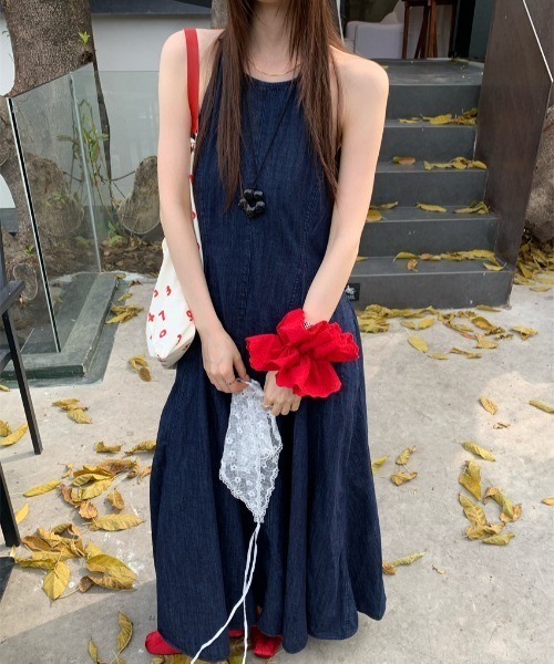 袖なしロングデニムワンピース レースバブーシュカ付き