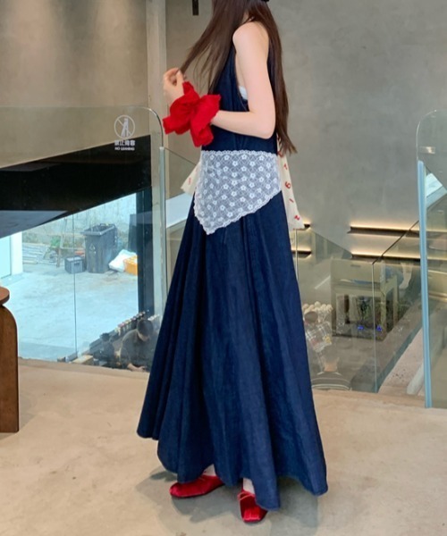 袖なしロングデニムワンピース レースバブーシュカ付き