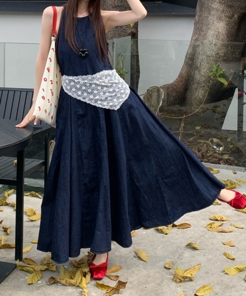 セール】袖なしロングデニムワンピース レースバブーシュカ付き