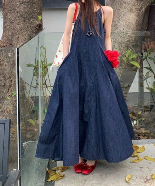 セール】袖なしロングデニムワンピース レースバブーシュカ付き