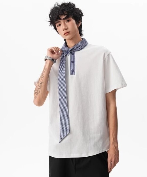FreeZone（フリーゾーン）の「チェックスカーフデザインカラーTシャツ（Tシャツ/カットソー・メンズ・ホワイト/ブラック・F）」の18枚目の写真