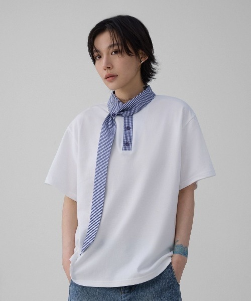 FreeZone（フリーゾーン）の「チェックスカーフデザインカラーTシャツ（Tシャツ/カットソー・メンズ・ホワイト/ブラック・F）」の4枚目の写真