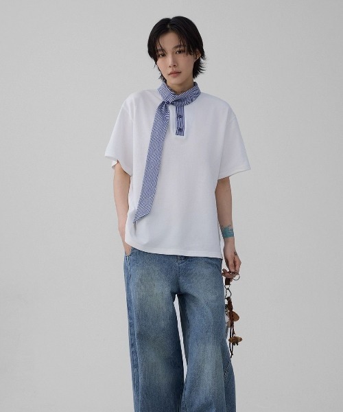 FreeZone（フリーゾーン）の「チェックスカーフデザインカラーTシャツ（Tシャツ/カットソー・メンズ・ホワイト/ブラック・F）」の7枚目の写真