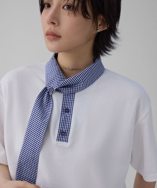 FreeZone（フリーゾーン）の「チェックスカーフデザインカラーTシャツ（Tシャツ/カットソー・メンズ・ホワイト/ブラック・F）」の3枚目の写真