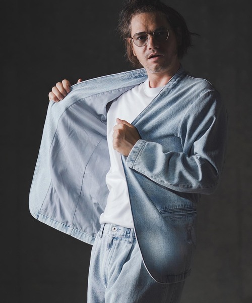 GLIMCLAP(グリムクラップ)の「mj10880-Denim minimal Jacket-Distressed for a vintage look- ノーカラーデニムジャケット(デニムジャケット・メンズ・インディゴブルー/コバルトブルー/ライトグレー/ブラック・S/M/L)」の4枚目の写真