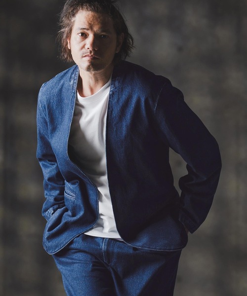 GLIMCLAP(グリムクラップ)の「mj10880-Denim minimal Jacket-Distressed for a vintage look- ノーカラーデニムジャケット(デニムジャケット・メンズ・インディゴブルー/コバルトブルー/ライトグレー/ブラック・S/M/L)」の3枚目の写真