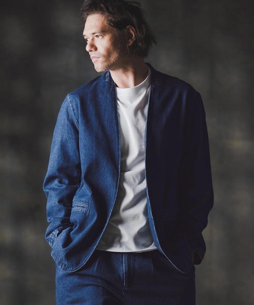 GLIMCLAP(グリムクラップ)の「mj10880-Denim minimal Jacket-Distressed for a vintage look- ノーカラーデニムジャケット(デニムジャケット・メンズ・インディゴブルー/コバルトブルー/ライトグレー/ブラック・S/M/L)」の5枚目の写真