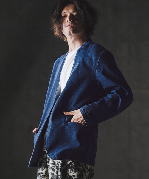 GLIMCLAP(グリムクラップ)の「mj10880-Denim minimal Jacket-Distressed for a vintage look- ノーカラーデニムジャケット(デニムジャケット・メンズ・インディゴブルー/コバルトブルー/ライトグレー/ブラック・S/M/L)」の6枚目の写真
