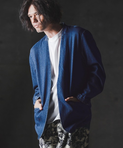 GLIMCLAP(グリムクラップ)の「mj10880-Denim minimal Jacket-Distressed for a vintage look- ノーカラーデニムジャケット(デニムジャケット・メンズ・インディゴブルー/コバルトブルー/ライトグレー/ブラック・S/M/L)」の7枚目の写真