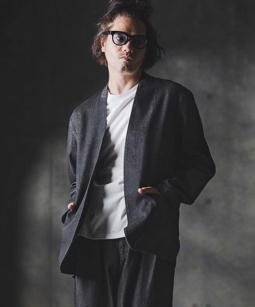 GLIMCLAP(グリムクラップ)の「mj10880-Denim minimal Jacket-Distressed for a vintage look- ノーカラーデニムジャケット(デニムジャケット・メンズ・インディゴブルー/コバルトブルー/ライトグレー/ブラック・S/M/L)」の12枚目の写真