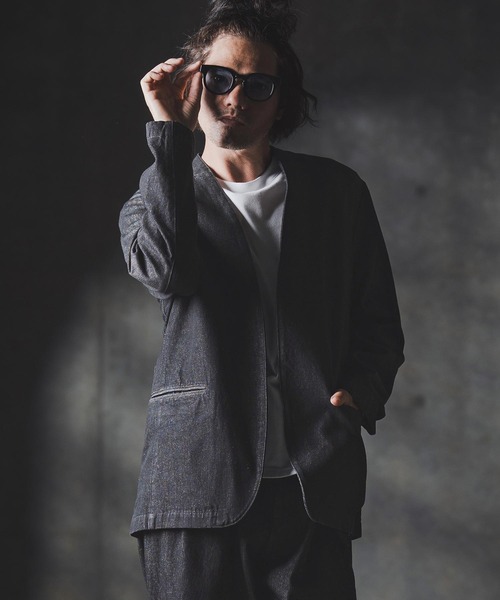 GLIMCLAP(グリムクラップ)の「mj10880-Denim minimal Jacket-Distressed for a vintage look- ノーカラーデニムジャケット(デニムジャケット・メンズ・インディゴブルー/コバルトブルー/ライトグレー/ブラック・S/M/L)」の14枚目の写真