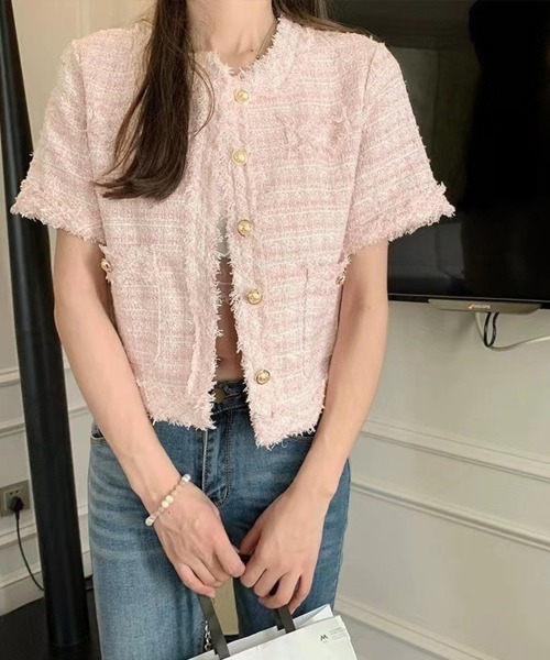 Miniministore（ミニミニストア）の「半袖ツイード風ジャケット レディース夏服（ノーカラージャケット・レディース・ピンク/ブルー/ホワイト・L/M）」の3枚目の写真