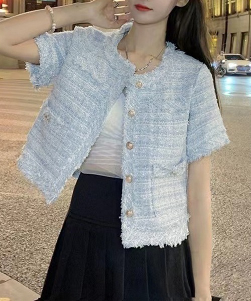 Miniministore（ミニミニストア）の「半袖ツイード風ジャケット レディース夏服（ノーカラージャケット・レディース・ピンク/ブルー/ホワイト・L/M）」の2枚目の写真