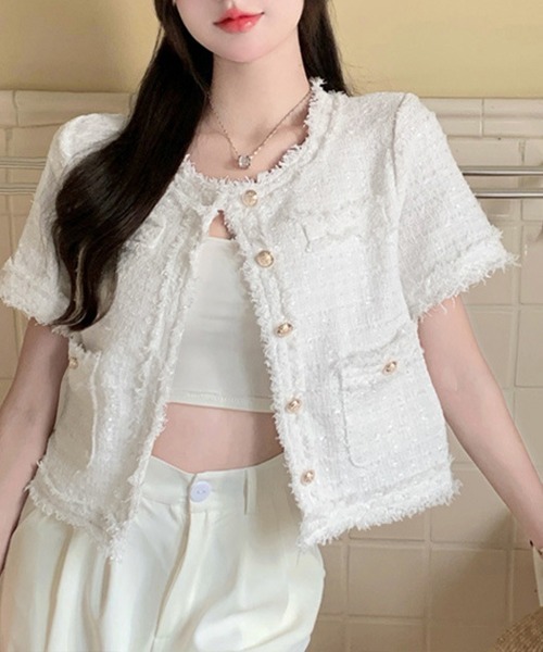 Miniministore（ミニミニストア）の「半袖ツイード風ジャケット レディース夏服（ノーカラージャケット・レディース・ピンク/ブルー/ホワイト・L/M）」の4枚目の写真