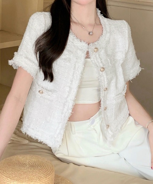 Miniministore（ミニミニストア）の「半袖ツイード風ジャケット レディース夏服（ノーカラージャケット・レディース・ピンク/ブルー/ホワイト・L/M）」の5枚目の写真