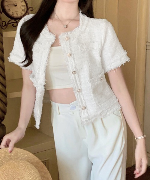 Miniministore（ミニミニストア）の「半袖ツイード風ジャケット レディース夏服（ノーカラージャケット・レディース・ピンク/ブルー/ホワイト・L/M）」の6枚目の写真