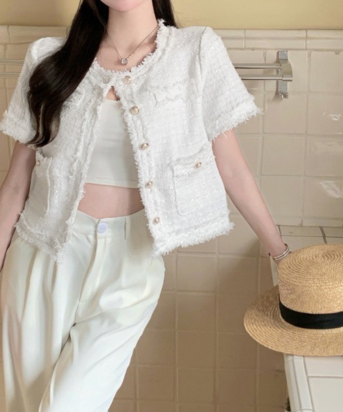 Miniministore（ミニミニストア）の「半袖ツイード風ジャケット レディース夏服（ノーカラージャケット・レディース・ピンク/ブルー/ホワイト・L/M）」の7枚目の写真