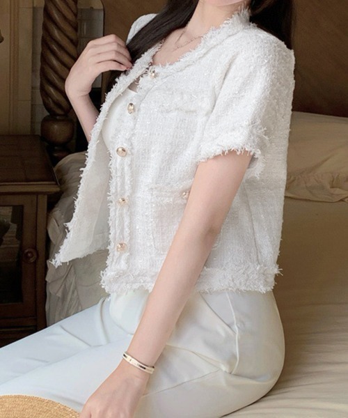 Miniministore（ミニミニストア）の「半袖ツイード風ジャケット レディース夏服（ノーカラージャケット・レディース・ピンク/ブルー/ホワイト・L/M）」の8枚目の写真