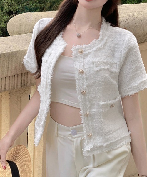 Miniministore（ミニミニストア）の「半袖ツイード風ジャケット レディース夏服（ノーカラージャケット・レディース・ピンク/ブルー/ホワイト・L/M）」の9枚目の写真