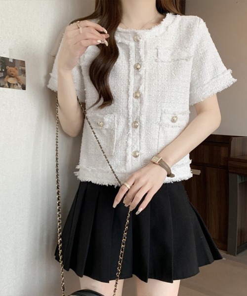 Miniministore（ミニミニストア）の「半袖ツイード風ジャケット レディース夏服（ノーカラージャケット・レディース・ピンク/ブルー/ホワイト・L/M）」の10枚目の写真