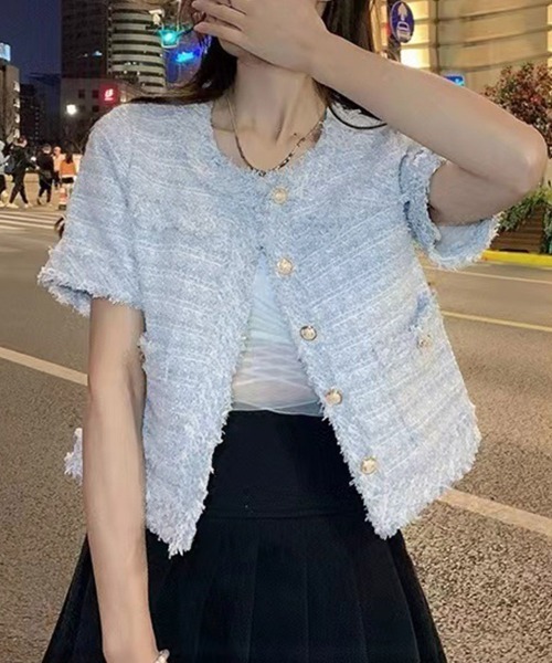 Miniministore（ミニミニストア）の「半袖ツイード風ジャケット レディース夏服（ノーカラージャケット・レディース・ピンク/ブルー/ホワイト・L/M）」の11枚目の写真