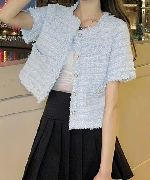 Miniministore（ミニミニストア）の「半袖ツイード風ジャケット レディース夏服（ノーカラージャケット・レディース・ピンク/ブルー/ホワイト・L/M）」の12枚目の写真