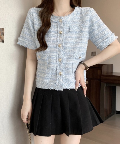 Miniministore（ミニミニストア）の「半袖ツイード風ジャケット レディース夏服（ノーカラージャケット・レディース・ピンク/ブルー/ホワイト・L/M）」の13枚目の写真