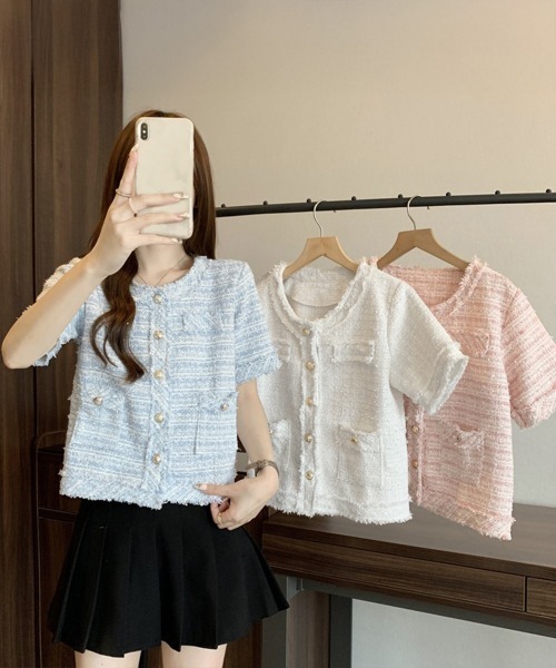 Miniministore（ミニミニストア）の「半袖ツイード風ジャケット レディース夏服（ノーカラージャケット・レディース・ピンク/ブルー/ホワイト・L/M）」の14枚目の写真
