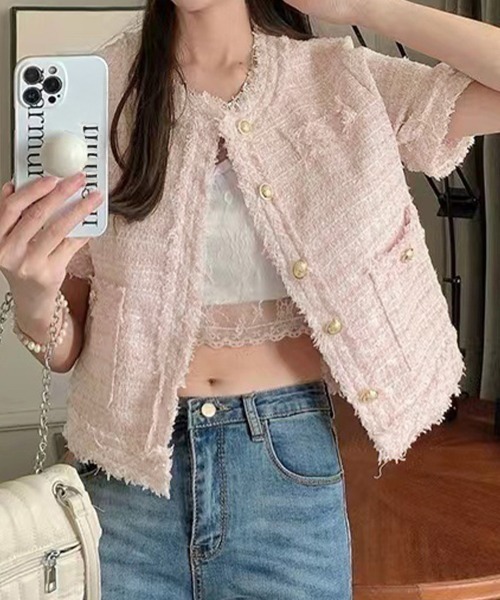 Miniministore（ミニミニストア）の「半袖ツイード風ジャケット レディース夏服（ノーカラージャケット・レディース・ピンク/ブルー/ホワイト・L/M）」の15枚目の写真