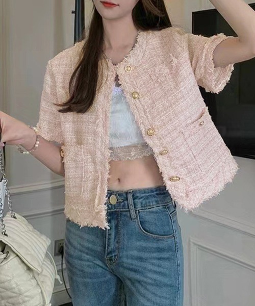 Miniministore（ミニミニストア）の「半袖ツイード風ジャケット レディース夏服（ノーカラージャケット・レディース・ピンク/ブルー/ホワイト・L/M）」の16枚目の写真