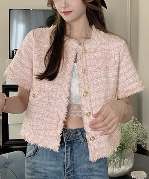 Miniministore（ミニミニストア）の「半袖ツイード風ジャケット レディース夏服（ノーカラージャケット・レディース・ピンク/ブルー/ホワイト・L/M）」の17枚目の写真