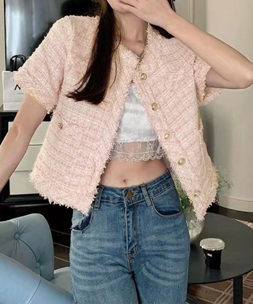 Miniministore（ミニミニストア）の「半袖ツイード風ジャケット レディース夏服（ノーカラージャケット・レディース・ピンク/ブルー/ホワイト・L/M）」の18枚目の写真