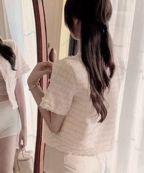 Miniministore（ミニミニストア）の「半袖ツイード風ジャケット レディース夏服（ノーカラージャケット・レディース・ピンク/ブルー/ホワイト・L/M）」の19枚目の写真