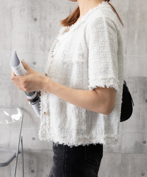 Miniministore（ミニミニストア）の「半袖ツイード風ジャケット レディース夏服（ノーカラージャケット・レディース・ピンク/ブルー/ホワイト・L/M）」の22枚目の写真