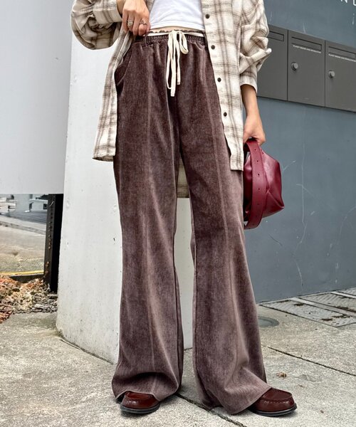 スタイルアップ】紐ベルト付きベロアフレアパンツ（スラックス