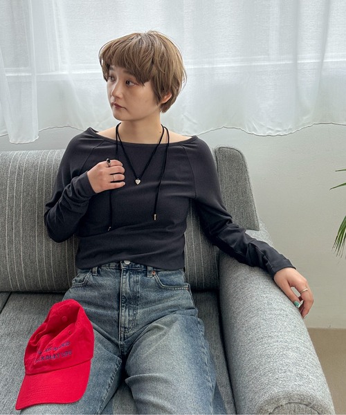 PILIT(ピリット)の「ボートネックリブトップス(Tシャツ/カットソー・レディース・アイボリー/オリーブ/チャコールグレー・MEDIUM)」の20枚目の写真