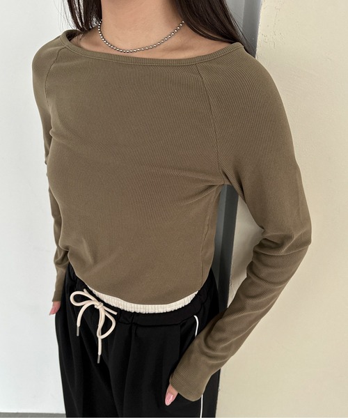 PILIT(ピリット)の「ボートネックリブトップス(Tシャツ/カットソー・レディース・アイボリー/オリーブ/チャコールグレー・MEDIUM)」の16枚目の写真